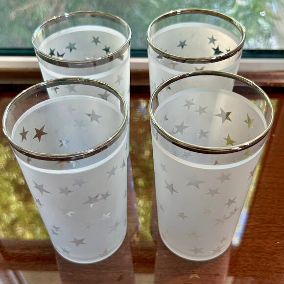 Vintage Frosted Star Silver Banded Glass Drinking Tumblers set of 4 - Picture 1 of 12